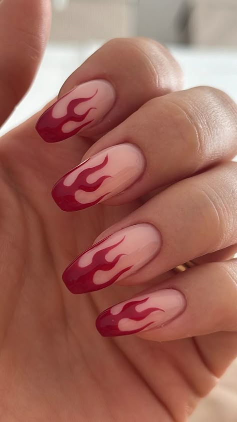 Red Lightning Nails, Flame Nails Square, Red Flame Nail Designs, Nail Flame Design, Flame Almond Nails, Fire Design Nails, Flame French Tip, Red Fire Nails, Fire Nails Designs