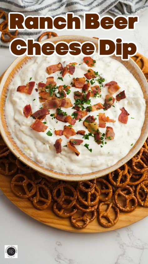 Perfect for game day, this creamy Ranch Beer Cheese Dip is a hit with pretzels, chips, or even as a spread for sliders and burgers. Pretzels With Beer Cheese Dip, Beer Bread Dip, Ranch Beer Cheese Dip, Applebees Beer Cheese Dip, German Beer Cheese Dip, Game Day Dips, Sausage Kebabs, Beer Dip, Easy Make Ahead Appetizers