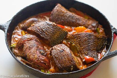 Caribbean Fish Stew (Brown Stew fish) A simple Stew with marinated red snapper and Tilapia, infused with spices , herbs , tomatoes. Stewed Fish, Brown Stew Fish, Caribbean Fish, Stew Fish, Fish Stew Recipes, Snapper Recipes, African Recipes Nigerian Food, Carribean Food, Jamaican Cuisine