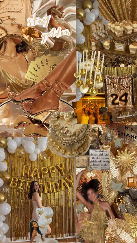 24th Birthday Decorations, Classy 21st Birthday, Gold Theme Birthday, Golden Birthday Parties, Champagne Birthday, 21st Birthday Decorations, Cute Birthday Ideas, Dream Wedding Decorations, Bday Party Theme