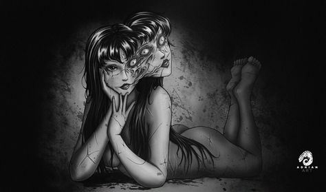 Tomie, (Junji Ito), AdriArt on ArtStation at https://www.artstation.com/artwork/B1B5QD Tomie Junji Ito Laptop Wallpaper, Desktop Wallpaper Creepy, Horror Wallpaper Aesthetic Pc, Tomie Junji Ito Wallpaper Desktop, Tomie Pc Wallpaper, Tomie Laptop Wallpaper, Junji Ito Pc Wallpaper, Junji Ito Laptop Wallpaper, Dark Coquette Wallpaper Laptop