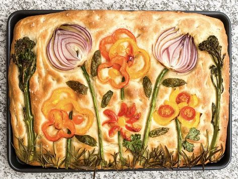 Focaccia Bread with Vegetable and Herb Flowers Vegetable Flowers, Foccacia Bread, Store Cupboard, Bread Art, Honey Soy, Focaccia Bread, Italian Bread, Chilli Pepper, Pastry Brushes