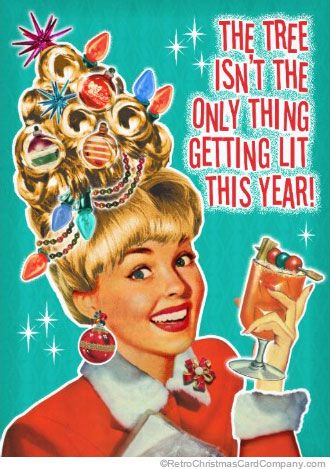 Funny Christmas Party Invitations, Getting Lit - This retro Christmas Party Invitation shows a happy woman with her hair done to look like a Christmas tree Funny Christmas Party Invitations, Retro Christmas Cards, Christmas Cocktail Party, Christmas Cocktail, Christmas Cocktails, Illustration Vintage, Holiday Humor, Christmas Party Invitations, Noel Christmas