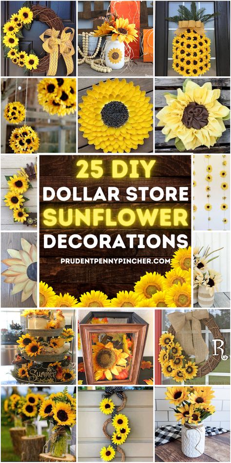 Add some country style to your home on a budget with these sunflower dollar store DIY home decor ideas. From DIY sunflower wreaths to sunflower wall decor, there are plenty of sunflower dollar tree crafts to choose from. These DIY sunflower ideas are make great summer decor ideas for the home. Sunflower Decorations, Sunflower Ideas, Diy Sunflower, Diy Summer Decor, Sunflower Kitchen Decor, Sunflower Wall Decor, Sunflower Centerpieces, Sunflower Crafts, Sunflower Party