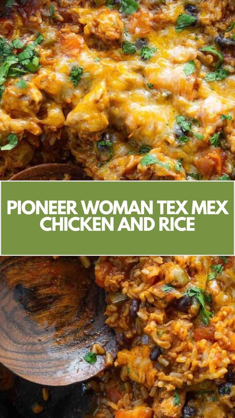 Pioneer Woman Tex-Mex Chicken and Rice is made with olive oil, garlic, white onion, chili powder, ground cumin, cayenne pepper, kosher salt, freshly ground black pepper, ground turmeric, tomato sauce, diced tomatoes and green chiles, shredded rotisserie chicken, microwaveable white rice, and grated pepper jack cheese. This delicious Tex-Mex Chicken and Rice recipe creates a hearty dinner that takes about 15 minutes to prepare and can serve up to 6 people. Pioneer Woman Mexican Chicken And Rice, Healthy Pioneer Woman Recipes, Chicken Rotel Rice Recipes, Shredded Chicken Rice Recipes, Chicken Rice Tomato Recipes, Ree Drummond Recipes The Pioneer Woman, Pioneer Woman Chicken Recipes, Ground Chicken And Rice Recipes, Rotisserie Chicken And Rice Recipes