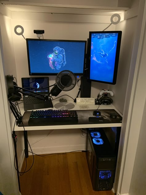 Closet Streaming Setup, Closet Pc Setup, Closet Gaming Room, Walk In Closet Gaming Setup, Computer In Closet, Gaming Setup In Closet, Gaming Desk In Closet, Gaming Nook Small Spaces, Gamer Closet