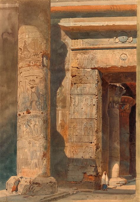 David Roberts | An Entranceway at Karnak | 1864 | The Morgan Library & Museum David Roberts, Morgan Library, Egyptian Culture, Egypt Art, Watercolor Brush, Architecture Painting, Tutankhamun, Ufo Sighting, Egyptian Jewelry