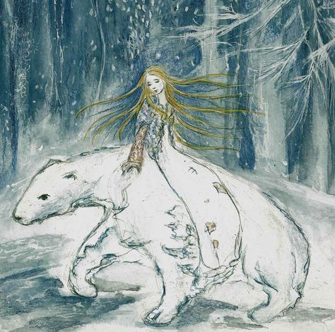 Golden Compass, Fairy Tale Princess, Polar Bear Art, East Of The Sun, Moon Bear, Moon Fairy, Winter Illustration, Fairytale Illustration, Blue Fairy