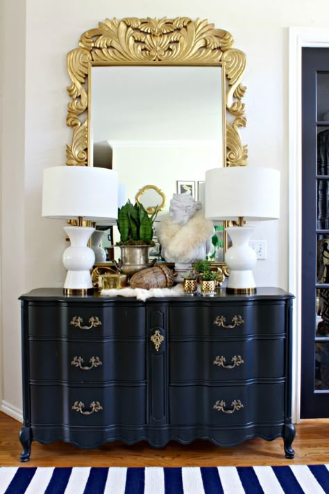 Fall decor || Entry/foyer || mixed metals || ornate gold mirror || black french provincial dresser French Provincial Dresser, Foyer Decor, Foyer Decorating, Entry Foyer, Eclectic Home, A Mirror, Spring Home, Home Tour, My New Room