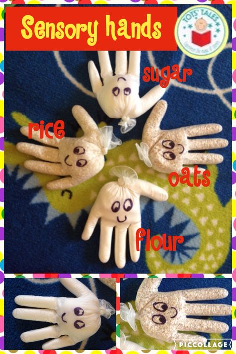 SENSORY HANDS  Fill latex surgical gloves with a range of fillings. E.g. sand, flour, rice, oats, sugar, coffee granules,  lentils, leaves. Tie up the end and squeeze away. Be careful with little teeth! Sensory Hands, Surgical Gloves, Halloween Sensory, Coffee Granules, Childcare Activities, Halloween Activities, Sensory Activities, Be Careful, Childcare