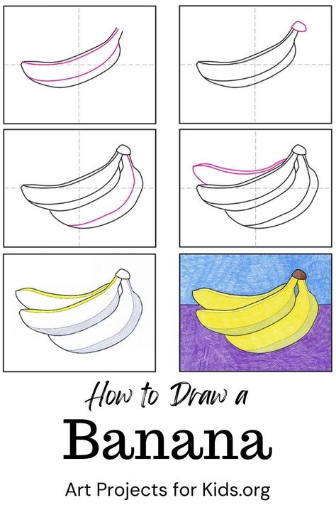 Learn how to draw a Banana with an easy step-by-step PDF tutorial. #howtodraw #tutorial #drawing #drawingtutorial #arttutorial #artprojectsforkids #howtodrawforkids #banana Banana Drawing, English Comics, Easy Christmas Drawings, Anime English, Christmas Drawings, Tutorial Drawing, Fruits Drawing, Crayon Drawings, Art Projects For Kids