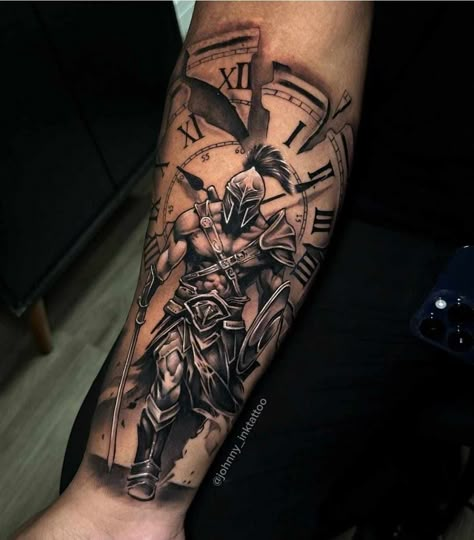 Roman Gladiator Tattoo Design Forearm, Roman Battle Tattoo, Spartan Shoulder Tattoo, Roman Centurion Tattoo, Gladiators Tattoo, Gladiator Tattoo Sleeve, Spartan Warrior Tattoo Design, Roman Gladiator Tattoo, Crusader Knight Tattoo