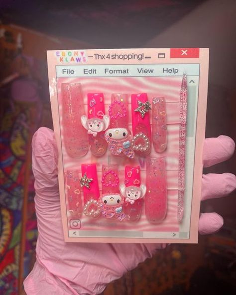 Acrylic Press-on Nails on Instagram: "Kawaii Sanrio Acrylic Press-Ons💅🏾 - Press on nails sets come with your set of 10 nails, 1 nail glue, 3 sticky gel tab sheets, 2 mini nail files, 1 alcohol wipe, 1 cuticle stick and An application instruction card🤩 - Know your size by purchasing a sizing kit from my website. - Link in bio to shop 🛍️ - Stay tuned for more content @ebonyklaws 💓💅🏾" #nails #nail #nailart #acrylic #presson Sanrio Press On Nails, Acrylic Press Ons, Press On Nail Instruction Card, Press On Packaging Ideas, Press On Packaging, Press On Nails Instructions, Press On Nails Packaging Ideas, Sweetheart Nails, Press Ons Nails