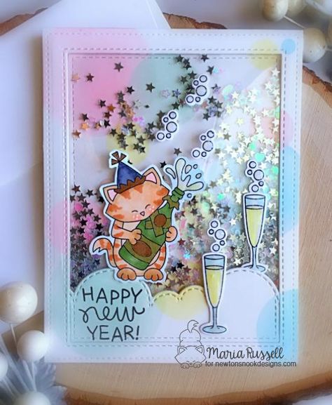 New Year Cat Shaker Card by Maria Russell | Newton's New Year Stamp Set by Newton's Nook Designs #newtonsnook #handmade New Year Cards Handmade, Cute Image, Happy New Year Cards, 4 Images, Glass Of Champagne, Floral Border Design, Interactive Cards, Shaker Cards, New Year Card