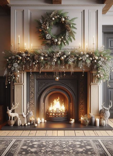 Wreaths Over Mantle, Christmas Fire Mantle Decor, Chimenea Christmas Decor, Mantle Holiday Decorating Ideas, Christmas Wreath Mantle, Mantle Ideas For Christmas, Christmas Decor Ideas Fireplace Mantles, Fireplace Xmas Decor Ideas, Elegant Christmas Decor Ideas For Living Room