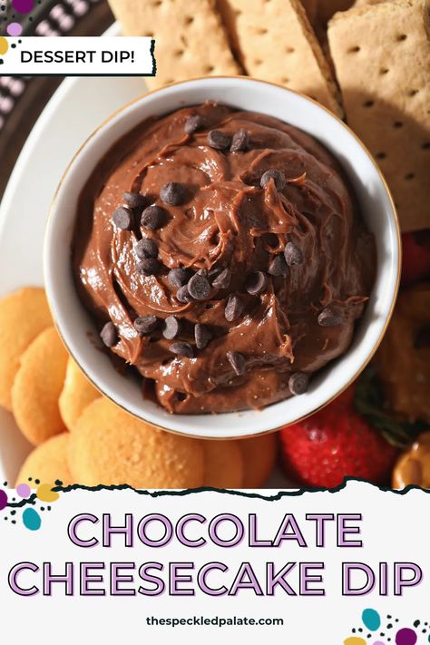 Tangy, creamy Chocolate Cheesecake Dip is the perfect dessert for sharing. This 4-ingredient no bake dessert takes 5 minutes to mix. Serve it on a board or a platter with fruit, crackers, cookies and more. #EasyEntertaining #SpeckledPalate Cracker And Dip Platter, Chocolate Dessert Dip, Cheesecake Charcuterie Board, Cheesecake Dip Easy, Chocolate Cheesecake Dip, Edible Dough, Fruit Crackers, Chocolate Dip Recipe, Easy Chocolate Cheesecake