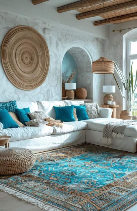 Coastal Moroccan Decor, Coastal Boho Living Room Decor, Sea House Interior, Turquoise Rug Living Room, Beach House Interior Living Room, Beach Living Room Decor, Boho Coastal Living Rooms, Ocean Living Room, Turquoise Living Room