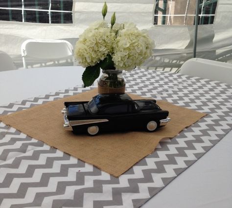 Vintage Car Baby Shower. Using chevron stripes. Classic Car Party, Baby Shower Boy Theme, Car Centerpieces, Vintage Car Party, Auto Party, Car Theme, Car Party, Cars Party, Car Birthday