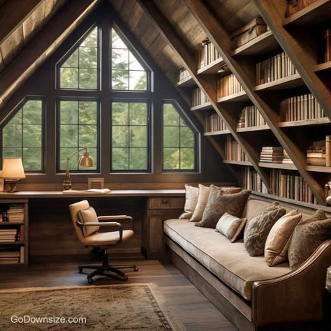 Home Library Attic, Slanted Ceiling Library, Sloped Ceiling Office, Attic Book Nook, Attic Library Ideas, Attic Shelving, Library Attic, Reading Room Ideas Cozy, Attic Reading Nook