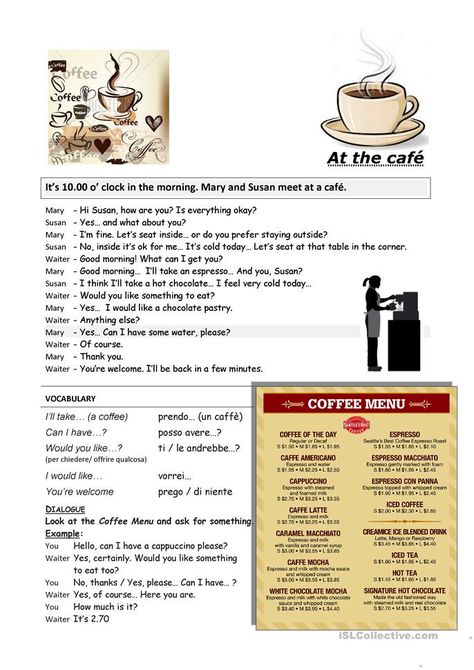 At the café - English ESL Worksheets Interesting Speech Topics, English For Tourism, English Lesson Plans, English Phrases Idioms, Teaching English Grammar, English Grammar Worksheets, Conversational English, A Worksheet, English Lessons For Kids