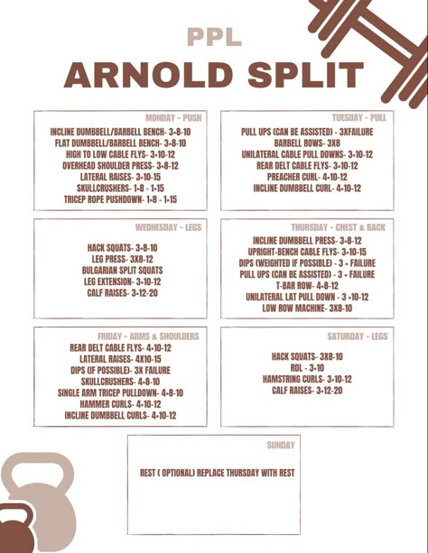 6 Day Gym Workout Schedule, Ppl Arnold Split, Ppl X Arnold Split, Gym Workout Schedule, Arnold Workout, Mass Workout, Training Split, Weight Training Schedule, Pull Workout