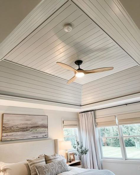 Slanted Tray Ceiling, Beadboard Tray Ceiling, Tres Ceiling Ideas Bedroom, How To Decorate A Tray Ceiling, Tray Ceiling With Shiplap, Ceiling Fans Bedroom Master Suite, Tray Ceiling Detail, Shiplap Tray Ceiling Bedroom, Tray Ceiling Update