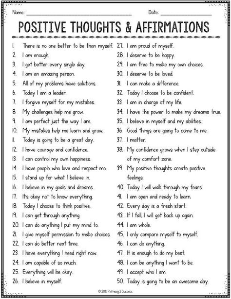 Positive Thinking Affirmations List Self Esteem Worksheets, Positive Thought, Affirmations For Kids, Louise Hay, Positive Self Talk, Self Talk, Social Emotional Learning, Coping Skills, Social Emotional