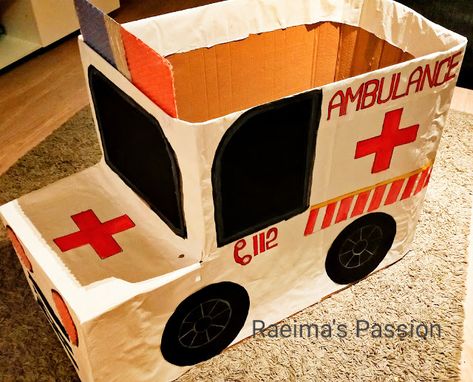 Raeima's Passion: HOW TO MAKE AMBULANCE CAR USING CARDBOARD BOX/என்... Ambulance Art And Craft, Diy Ambulance Cardboard, Cardboard Box Ambulance, Ambulance Craft, Vet Party, Cardboard Cars, Pet Study, Squirrel Costume, Baby Doll Crib