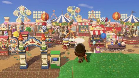 Acnh Fairground Design, Circus Animal Crossing, Acnh Circus Design, Acnh Theme Park Ideas, Animal Crossing Fairground, Animal Crossing Amusement Park, Acnh Fairground, Animal Crossing Amusement Park Ideas, Carnival Animal Crossing