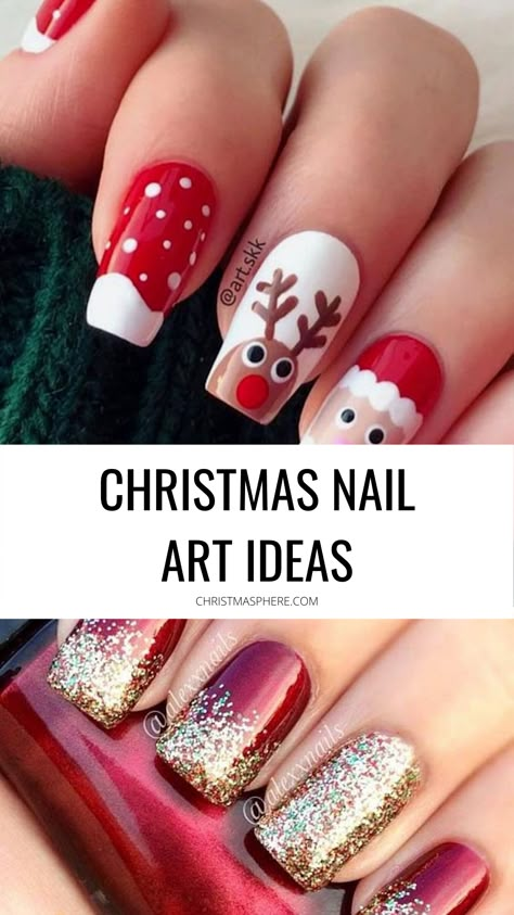 Nail Noel, Christmas Nail Art Ideas, Nail Art Noel, Christmas Nails Diy, Christmas Nail Art Easy, Xmas Nail Art, Nail Art For Beginners, Christmas Nails Easy, Cute Christmas Nails