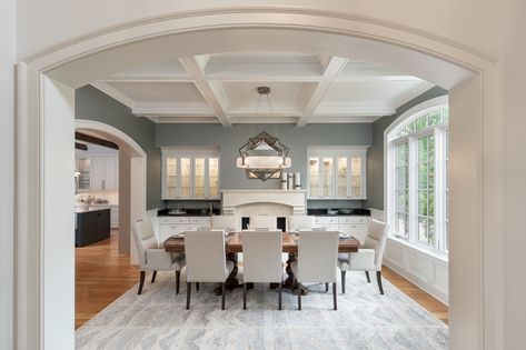 NC Mountain Remodel - Traditional - Dining Room - Other - by BUILD | Houzz Dining Room With Big Windows, Large Dining Room Ideas, Coffered Ceiling Dining Room, Big Dining Room, Dining Room With Fireplace, Ceiling Dining Room, Dining Room Pictures, Farmhouse Transitional, Scandinavian Rustic