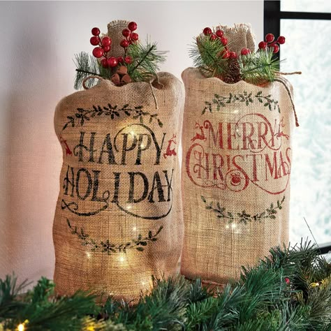 Burlap Christmas Decorations, Pre Lit Garland, Burlap Gift Bags, Diy Christmas Garland, Cabin Christmas, Burlap Bags, Burlap Crafts, Burlap Christmas, Garland Decor