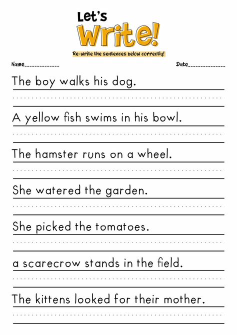 Handwriting Practice For Grade 1, Grade 2 Sentence Writing, 1st Grade Worksheets Writing, Kindergarten Handwriting Worksheets, Writing For Kindergarten Worksheets, Sentence Worksheets Kindergarten, 1st Grade Sentence Writing Worksheets, Simple Sentences Worksheet Grade 2, Writing Practice 1st Grade