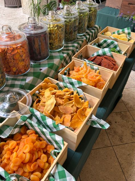 Dryied fruit Mexican Fruit Bar Ideas, Mexican Fruit Bar, Dried Fruit With Eucalyptus Table, Fruit Mexican Bar, Fruit And Veggie Bar Wedding, Birthday Decorations For Men, Truck Party, Salad Bar, Farmers Market