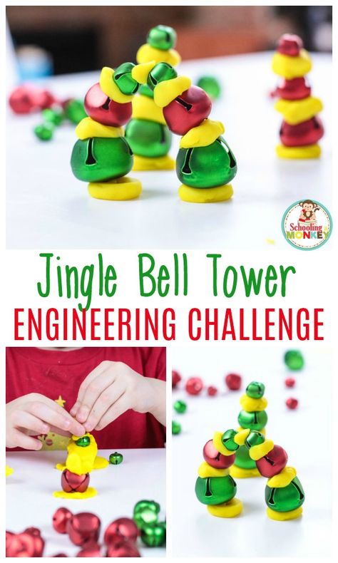 Easy Jingle Bell Engineering Challenge Perfect for Preschool Preschool Christmas Party Games Classroom, December Stem Challenges, Christmas Enrichment Activities, Christmas Stations For Kids, Christmas Activities Preschool, Christmas Kids Activities, Eyfs Christmas, Holiday Stem Activities, Christmas Stem Challenge