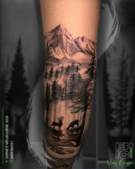 Deer With Trees Tattoo, Hunting Forearm Tattoo Men, Deer Tattoos For Women Half Sleeves, Deer Tattoo Sleeve For Men, Hunting Tattoo Sleeve Mens, Deer Rememberance Tattoo, Deer Landscape Tattoo, Tattoo Ideas For Men Farmer, Wilderness Forearm Tattoo