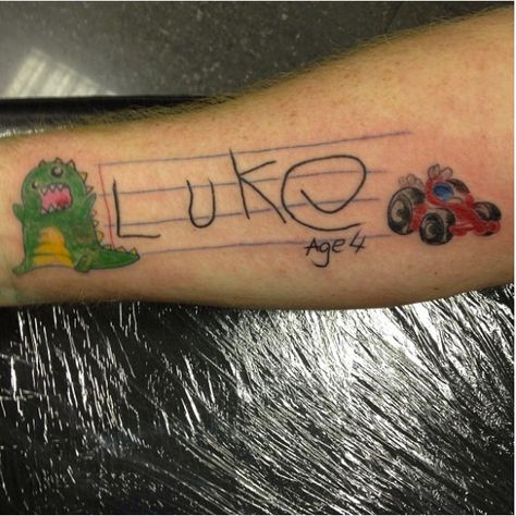 Luke age 4 and a dinosaur tattoo Parent Tattoos, Dinosaur Tattoos, Mom Tattoo Designs, Kids Doodles, Incredible Tattoos, Kid Art, Signed Artwork, Time Tattoos, Kids Artwork