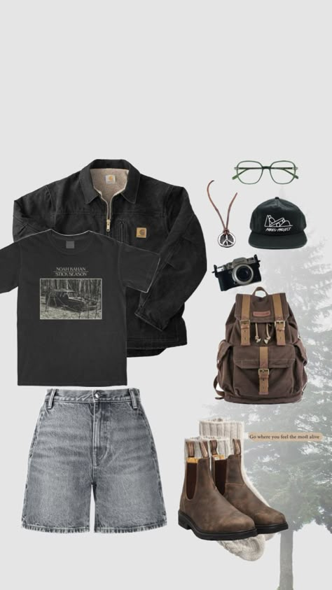 outfit inspo #outfit #pnw #fitcheck #outfitinspo #granola #noahkahan #hiking #blundstones #jorts #parksproject #nature #washington #casual #carhartt Casual Outdoorsy Outfits, Athletic Granola Outfits, Granola Teacher Aesthetic, Dark Granola Outfits, Vintage Granola Outfits, Goth Granola Girl, Alt Granola Outfits, Pacific Northwest Outfit, Granola Outfit Ideas