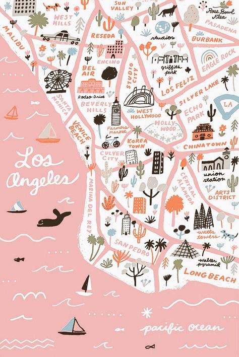 Los Angeles Map Illustration, La California Aesthetic, La Travel Guide, Los Angeles Travel Guide, California With Kids, San Francisco Vacation, California Coast Road Trip, Los Angeles Map, Los Angeles Aesthetic