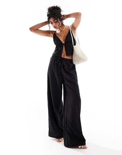 Esmee beach crop top and trouser co-ord in black | ASOS Black Linen Outfit, Black Beach Outfit, Smart Streetwear, April Vibes, Evening Holiday Outfits, Summer Evening Outfit, Beach Crop Tops, Ibiza Outfits, Trouser Co Ord