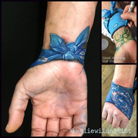 Realistic blue bandana wrist tattoo, hand drawn by Kylie Wild Heslop Artist www.artgonewild.com.au Bandana Rose Tattoo, Bandana Tattoo Design, Bandana Clothing, Bandana Tattoo, Hand Tattoo Images, Hand Tatto, Feminist Tattoo, Chicano Style, Vw Vanagon