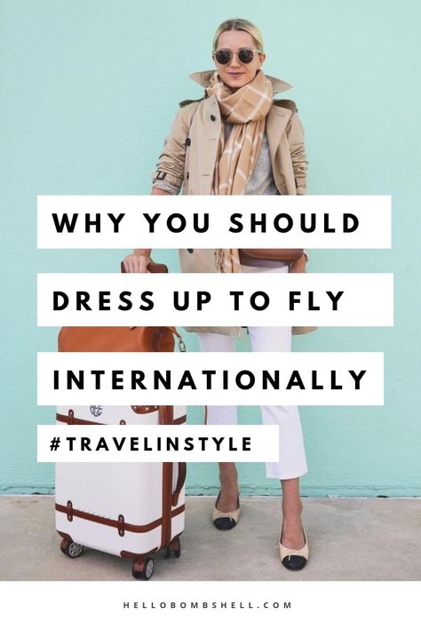 Travel outfits or deciding what to wear to the airport on a trip can be tricky. You want to be comfy but you also want to look cute, classy, and chic, right? Before you jump on the plane this summer, fall, winter, or spring for that long international trip to Europe (or anywhere), consider why you should dress up a bit. Travel Tips #traveltips International Flight Outfit, International Travel Outfit, Long Haul Flight Outfit, Classy Travel Outfit, Travel Outfit Long Flights, Airplane Travel Outfits, Long Flight Outfit, Chic Travel Outfit, Plane Outfit