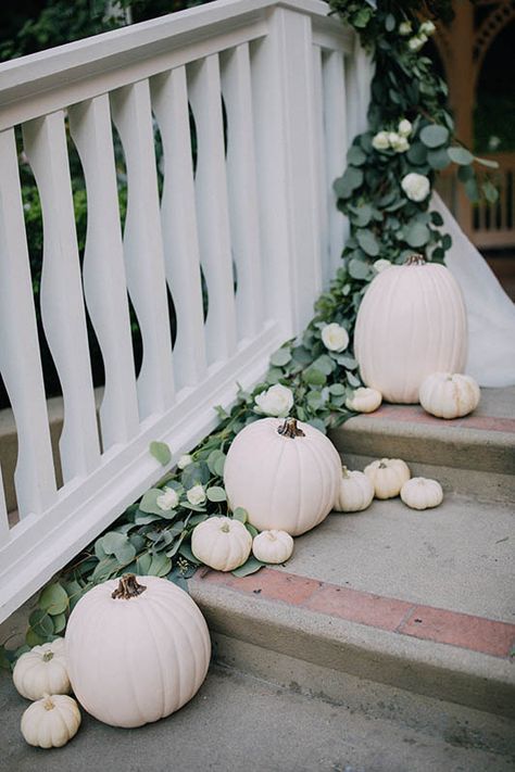 White And Green Pumpkins Wedding, Pumpkins Down Wedding Aisle, Pumkin Decoration Wedding, Dusty Blue Pumpkin Wedding, Elegant Fall Bridal Shower Ideas, Blue Pumpkin Wedding, Pumpkin Aisle Wedding, White Pumpkin Wedding Decor, Wedding White Pumpkins