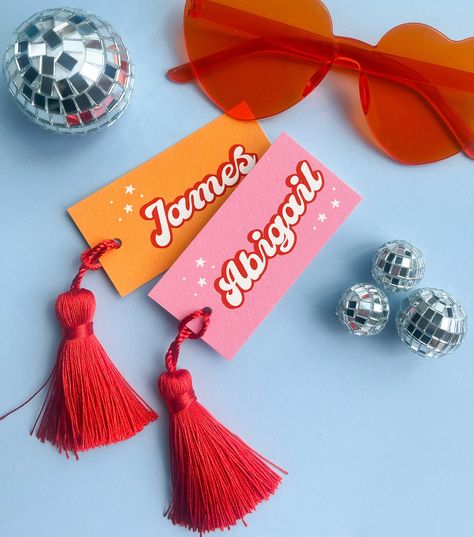 1970s disco wedding place cards - tassel place cards - wedding name cards - personalised name tags Table Names Cards, Disco Place Cards, Party Name Tags Ideas, Tassel Place Cards, Disco Ball Name Tag, Disco Wedding Theme, Name Tag Ideas, Retro Style Wedding, Diy Place Settings