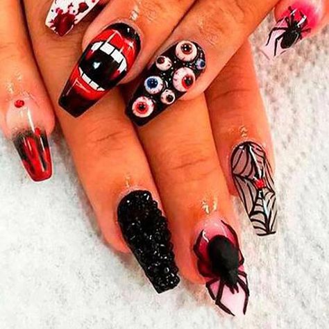 24Pcs Halloween Black Press on Nails Medium Length Coffin Fake Nails with Horror Bloody Eyeball Spider Scary Blood Design Stick on Nails Halloween False Nails for Women Halloween Nail Decoration Nails For Women, Halloween Nail, False Nail, False Nails, Fake Nails, Press On Nails, Nail Art, For Women, Halloween