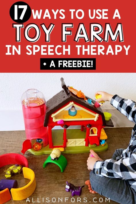 Using a toy farm in speech therapy is great for working on many expressive and receptive language goals, as well as articulation and beginning speech sounds. I recommend getting a play farm that has a good assortment of animals, a farmer, and items like hay and a tractor. The more pieces, the better! Animal Speech Therapy Activities, Speech Therapy Farm Activities, Play Based Therapy Speech, Articulation Centers Speech Therapy, Critter Clinic Speech Therapy, Speech Therapy Organization, Th Articulation, Receptive Language Activities, Play Farm