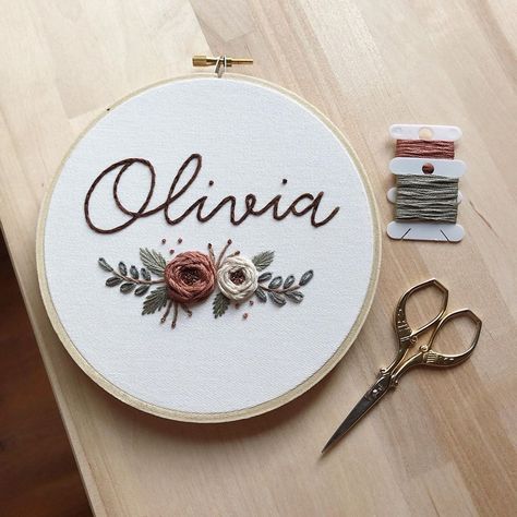 Name Embroidery Hoop, Personalized Nursery Wall Decor, Embroidered Canvas Art, Basic Hand Embroidery Stitches, Instagram Roses, Embroidery Hoop Wall Art, Embroidery Lessons, Flower Decorations Diy, Name Embroidery