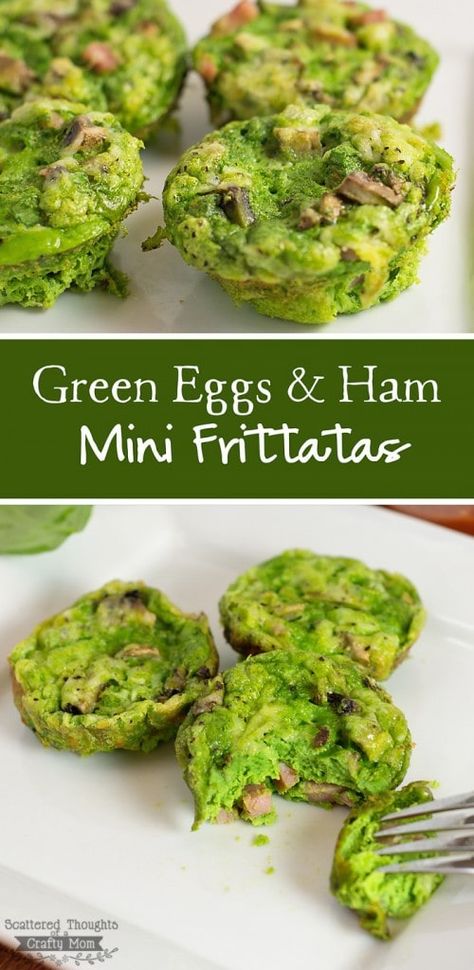 Green Eggs And Ham Recipe, St Patricks Food, Sant Patrick, Mini Frittatas, Mini Frittata, Ham Breakfast, Green Egg Recipes, Dr Seuss Day, Ham And Eggs