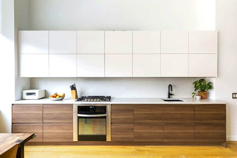 oak-and-white-kitchen-cabinets-combination Ikea Voxtorp Kitchen, Voxtorp Kitchen, Ikea Voxtorp, Flat Panel Cabinet Doors, Slab Cabinet Doors, Flat Panel Cabinet, Kitchen Oak, Slab Cabinets, Ikea Kitchen Planner