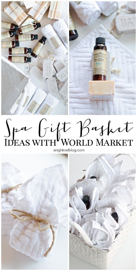 Great Spa Gift Basket Ideas with World Market Mini Spa Gift Basket, Massage Gift Basket Ideas, Spa Day Gift Basket Ideas, Spa Gift Basket Ideas, Spa Basket, Gifts Baskets, Holiday Hostess Gifts, Spa Ideas, Mini Spa